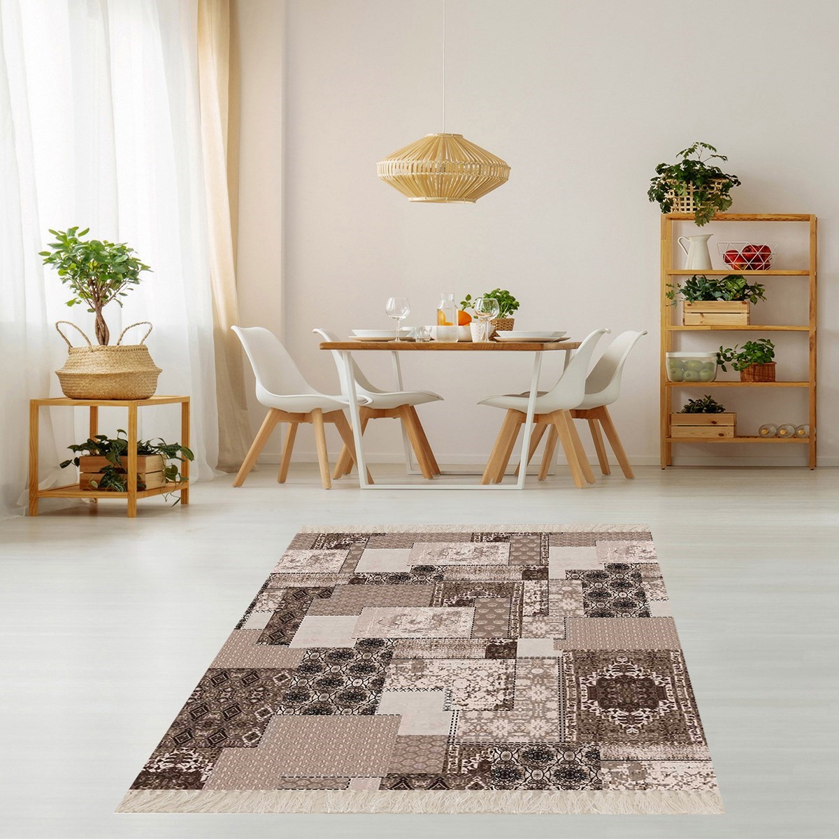 Patchwork Desenli Dijital Baskı Yıkanabilir Kaymaz Taban Etnik Salon Halısı ve Yolluk