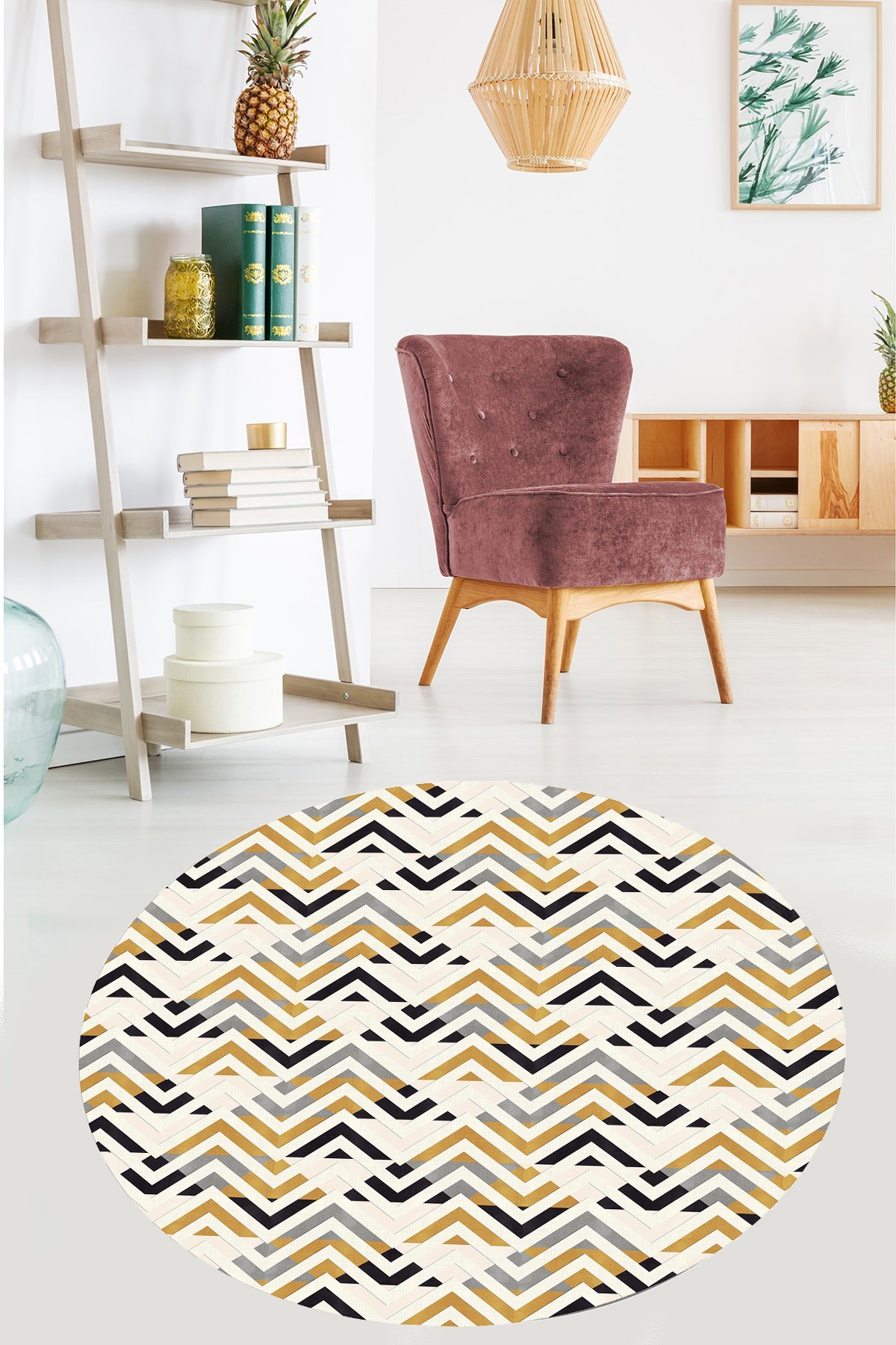 Geometrik Zigzag Renk Geçişli Dijital Baskı Yıkanabilir Kaymaz Taban Modern Yuvarlak Salon Hol Halı