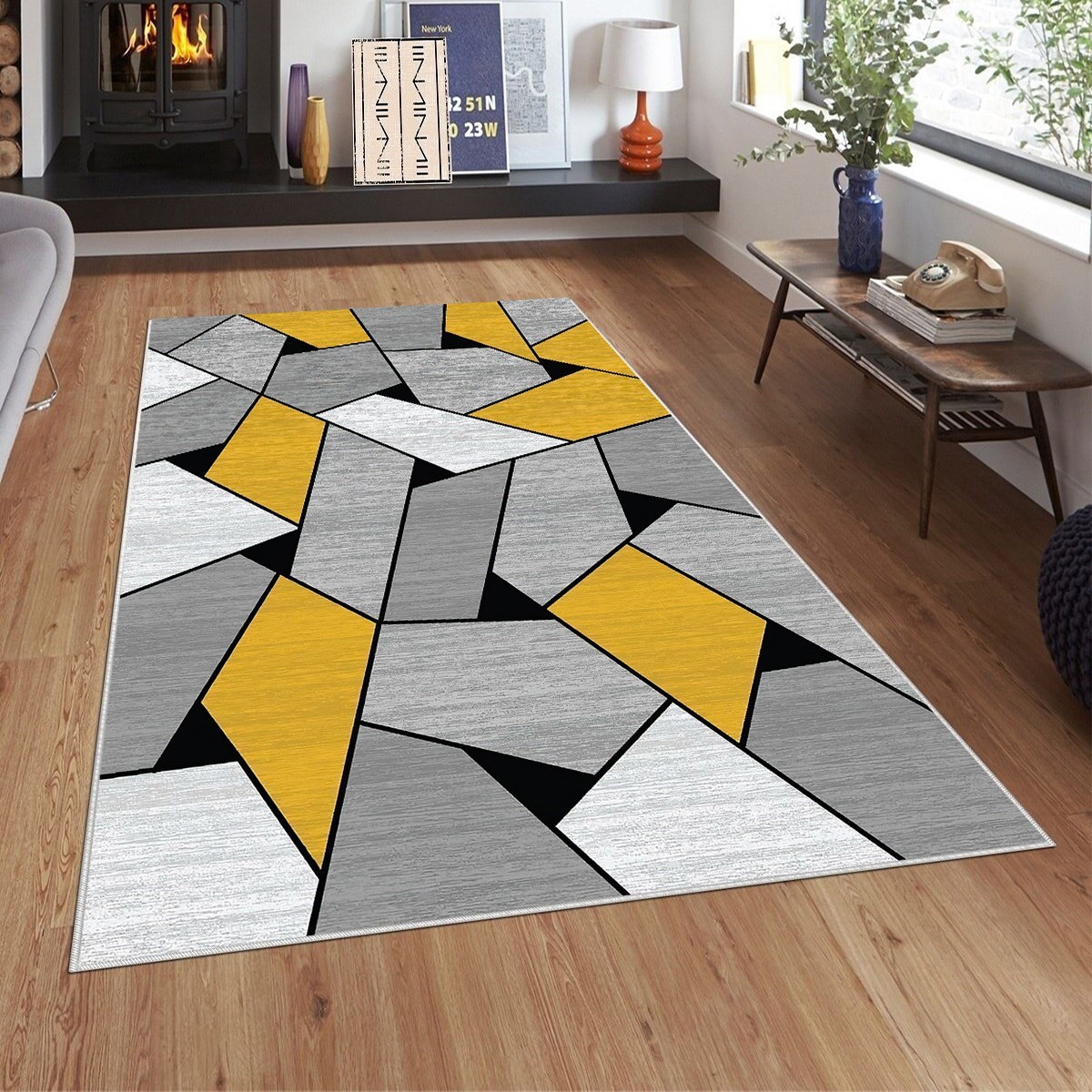 Geometrik Puzzle Desenli Yıkanabilir Kaymaz Taban Leke Tutmaz Modern Salon Halısı ve Yolluk