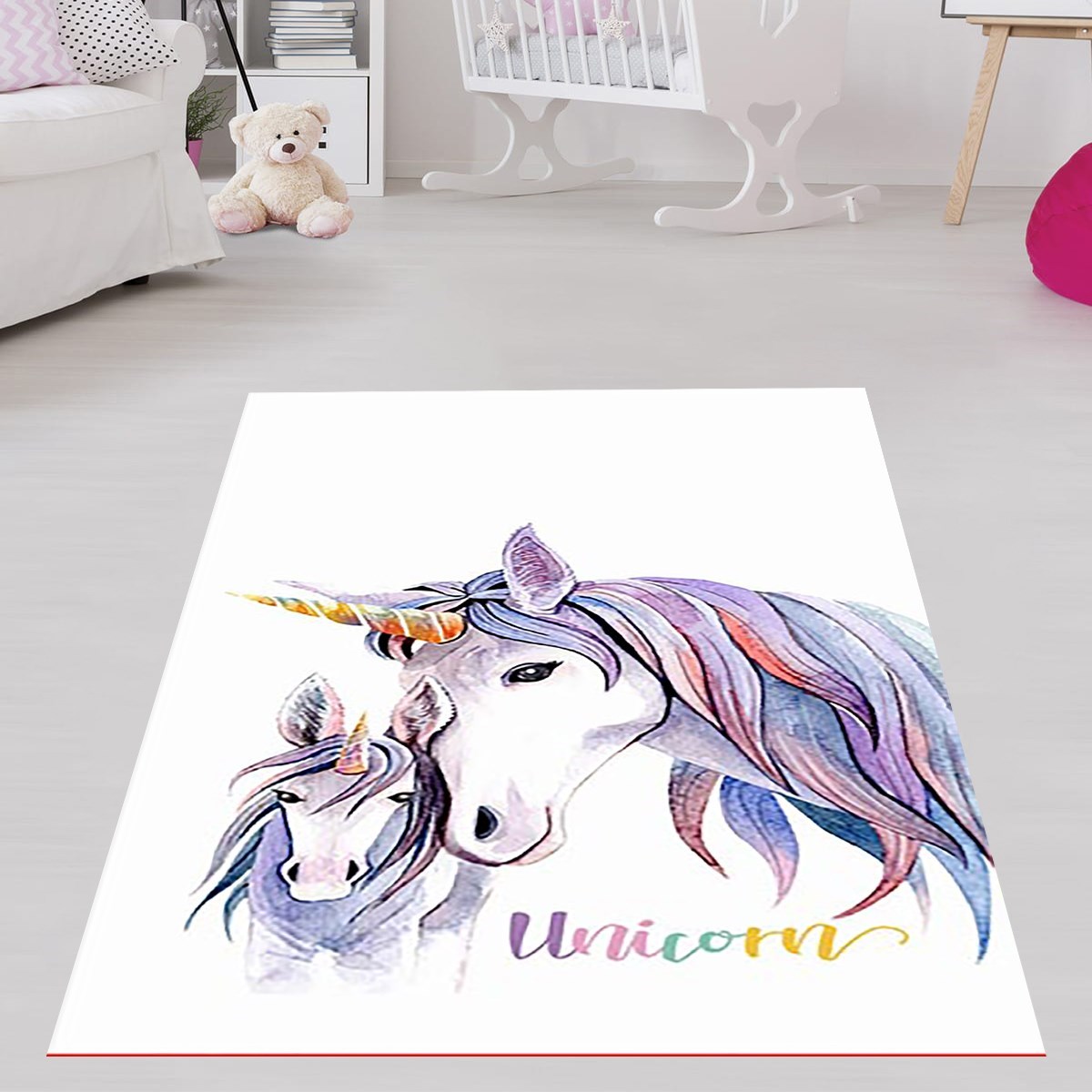 Unicorn At Desenli Halı Dijital Baskı Yıkanabilir Kaymaz Taban Beyaz Çocuk Odası Halısı