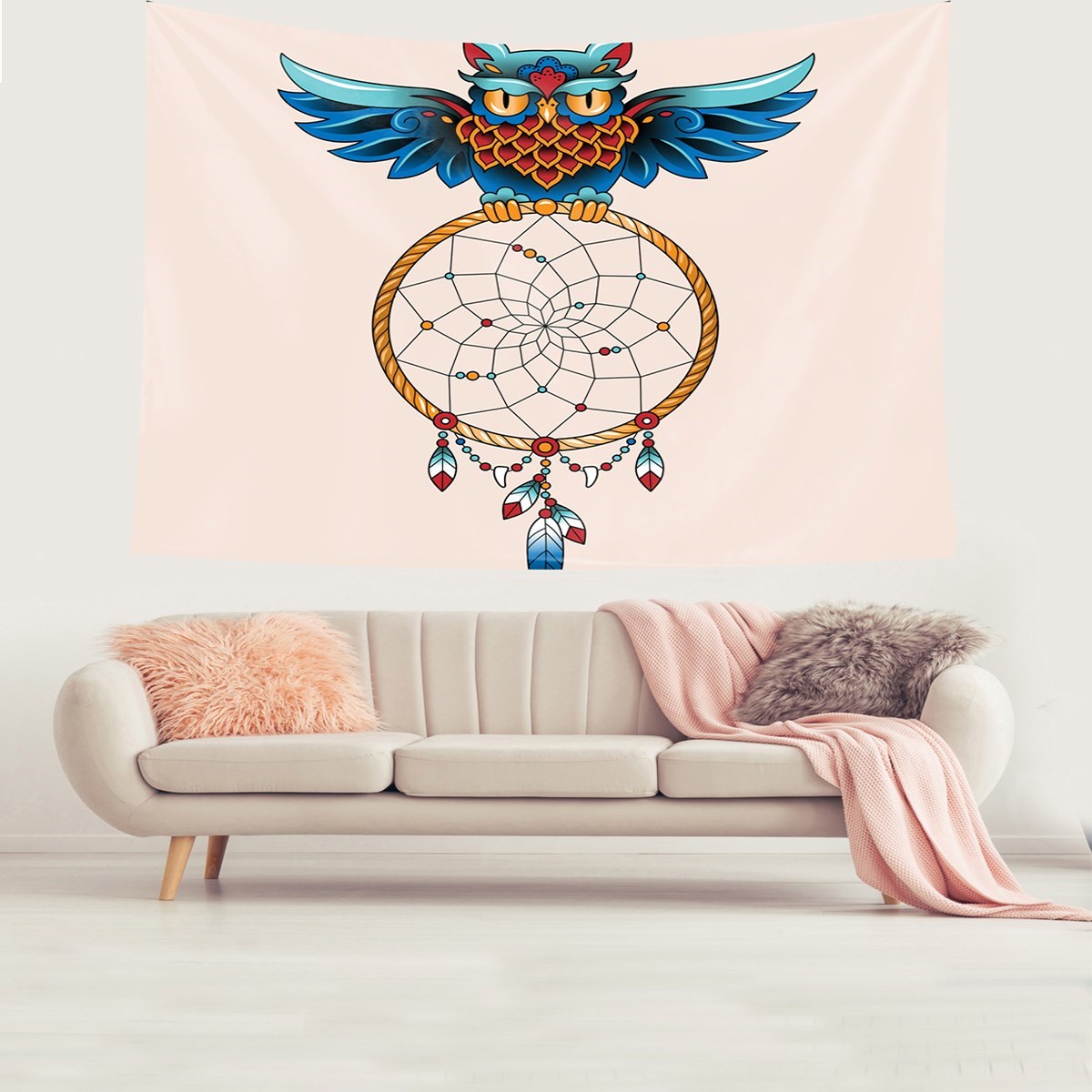 Dream Catcher Kuş Tüylü Bohem Desen Leke Tutmaz Kadife Doku Kumaş Duvar Örtüsü Duvar Halısı Tapestry