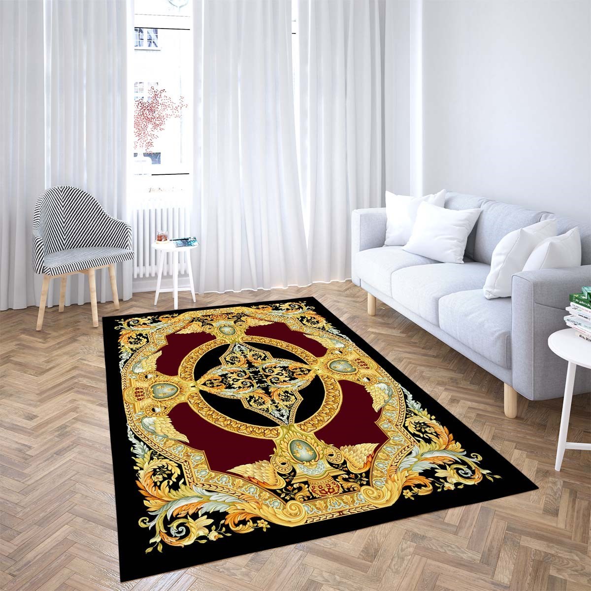 Osmanlı Motif Gold Varak Çerçeveli Dijital Baskı Yıkanabilir Kaymaz Taban Klasik Salon Halısı(Bordo)