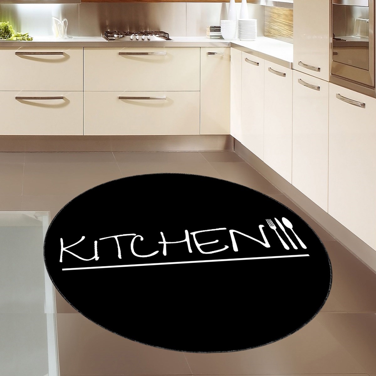 Kitchen Yazılı Siyah  Dijital Baskı Yıkanabilir Kaymaz Taban Modern Mutfak Halısı