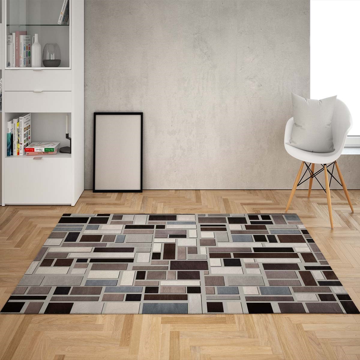 Geometrik Kare Blok Desenli Dijital Baskı Yıkanabilir Kaymaz Taban Etnik Kilim Desen Salon Halı