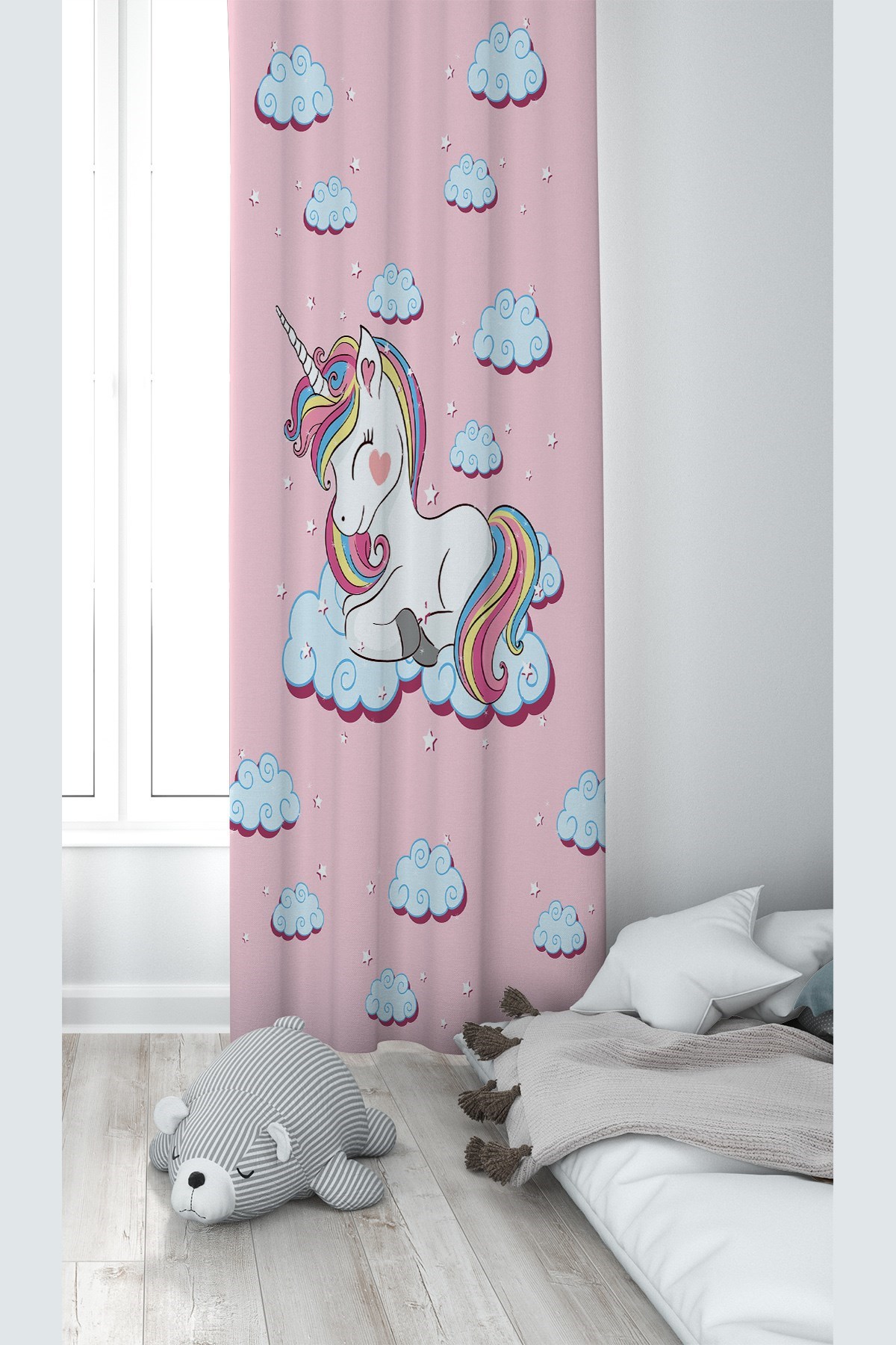 Pembe Unicorn Desenli Dijital Baskı Yıkanabilir Bebek Çocuk Odası Fon Perdesi