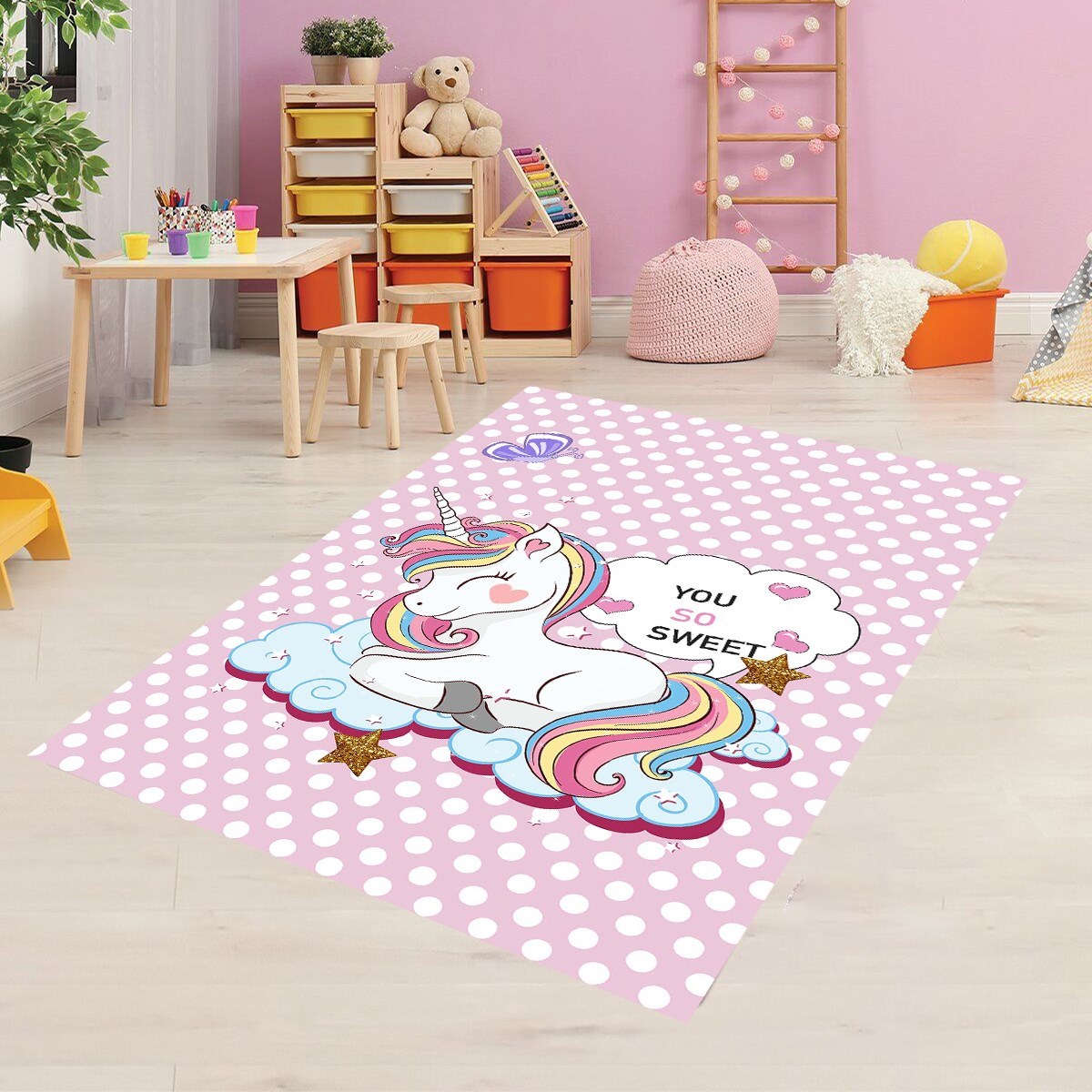 Unicorn Desenli Dijital Baskı Yıkanabilir Kaymaz Taban Çocuk Odası Halısı 