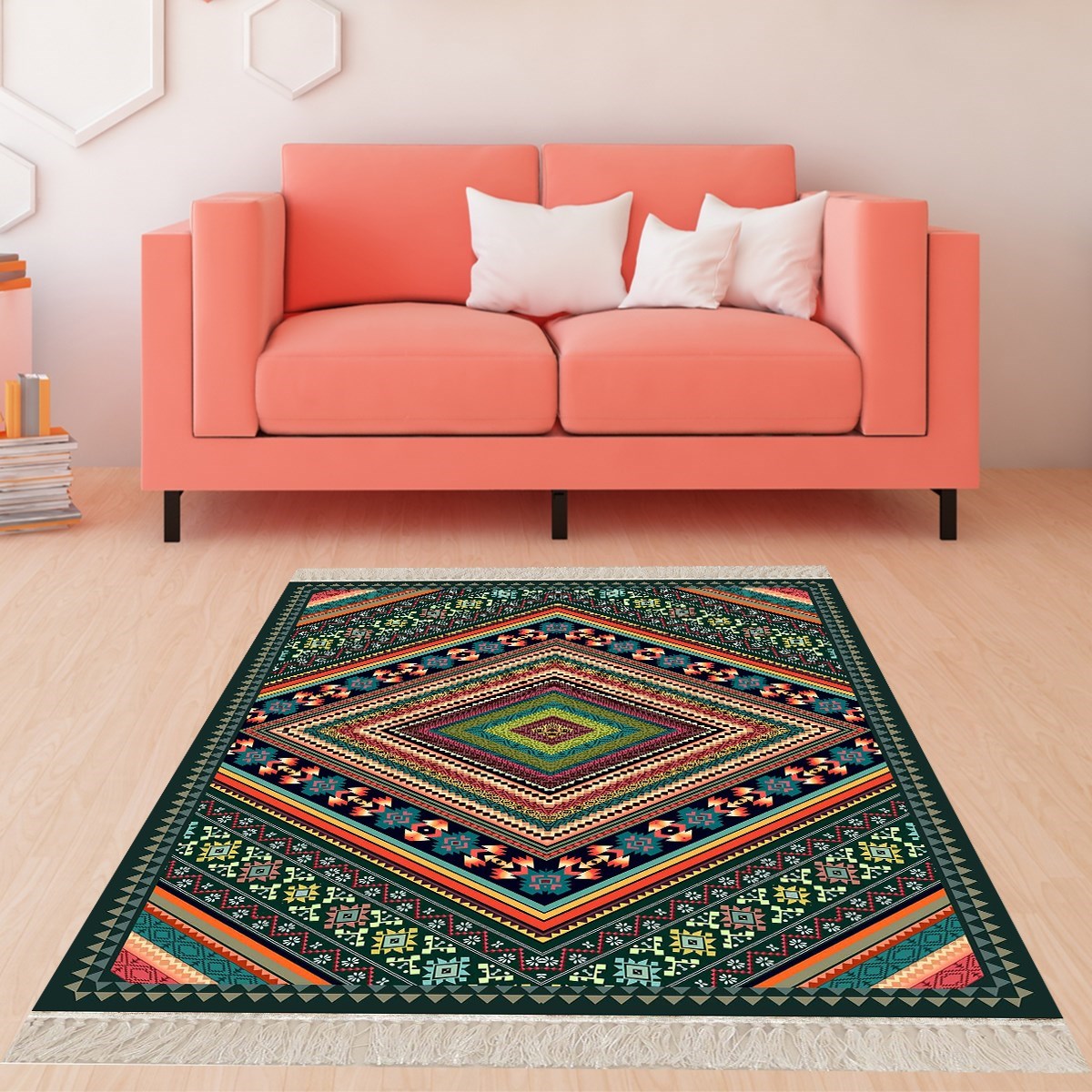 Kilim Desenli Dijital Baskı Yıkanabilir Kaymaz Taban Etnik Salon Halısı ve Yolluk