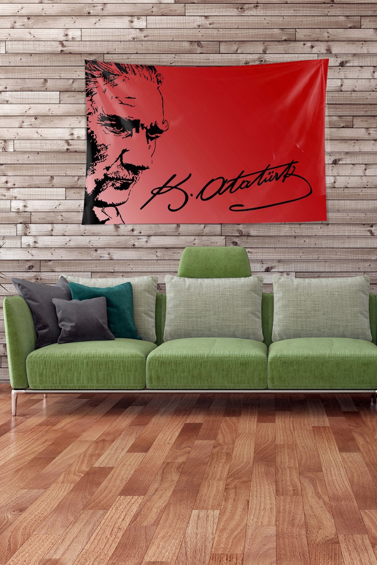 Kırmızı  Mustafa Kemal ATATÜRK desenli Leke Tutmaz Kadife Kumaş Duvar Örtüsü Duvar Halısı Tapestry