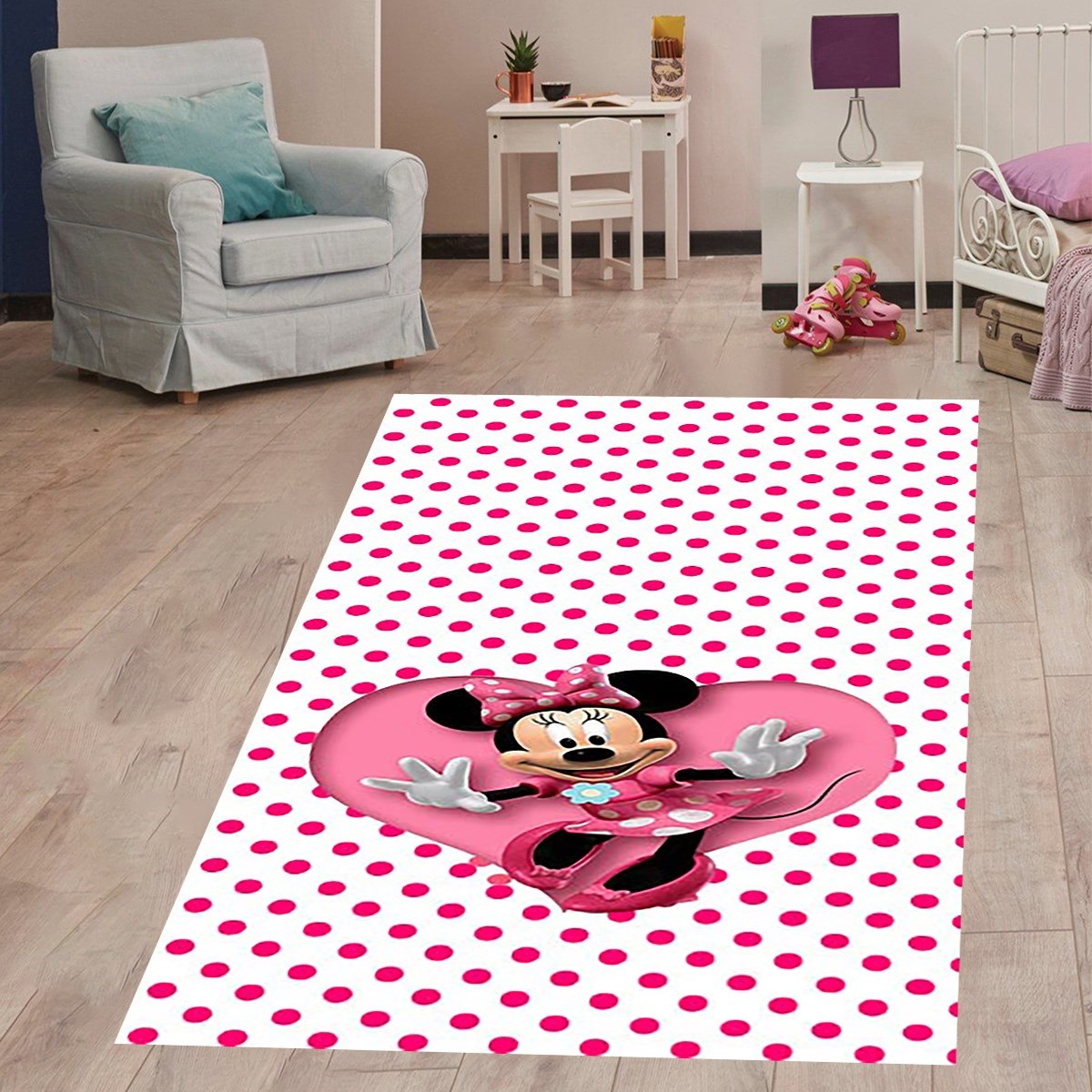 Minnie Mouse Benekli Puantiyeli Halı Dijital Baskı Yıkanabilir Kaymaz Taban Çocuk Odası Halısı