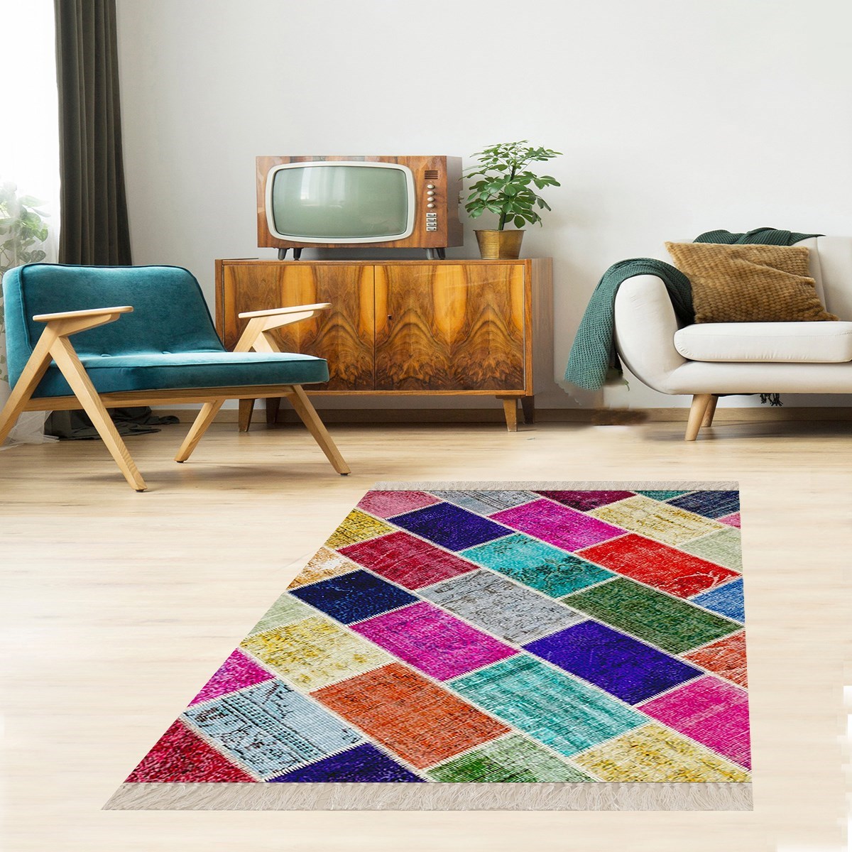 Kilim Desenli Renk Bloklu Etnik Dijital Baskı Yıkanabilir Kaymaz Taban Modern Salon Halı ve Yolluk 