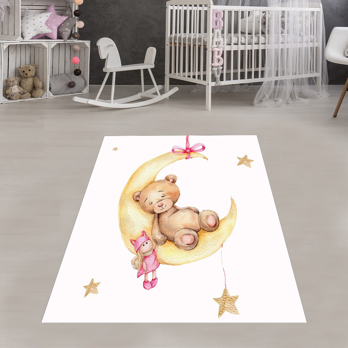 Ayda Sallanan Ayıcık Desen Renkli Dijital Baskı Yıkanabilir Kaymaz Taban Bebek ve Çocuk Odası Halısı