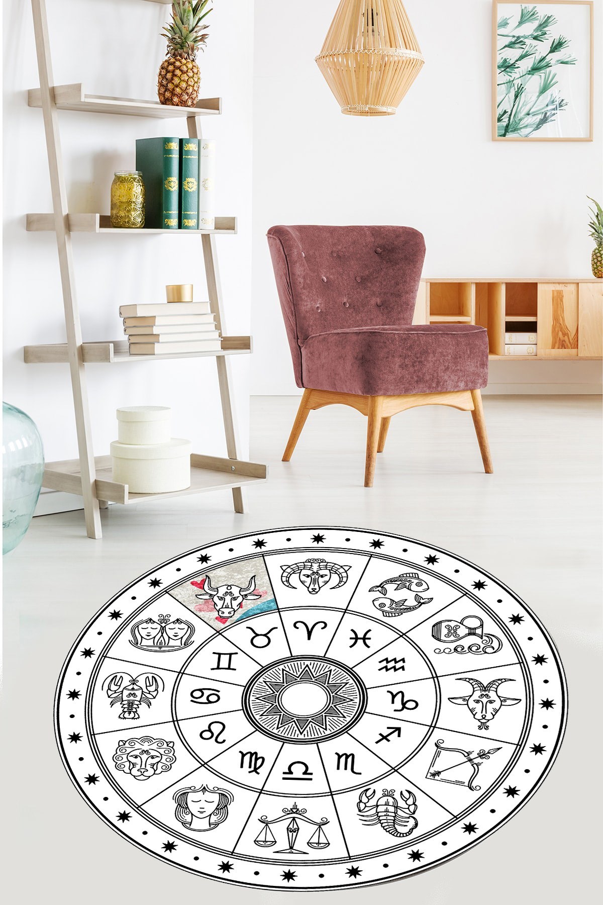 Burçlar Astroloji Harita Dijital Baskı Yıkanabilir Kaymaz Taban Yuvarlak Salon ve Hol Halısı