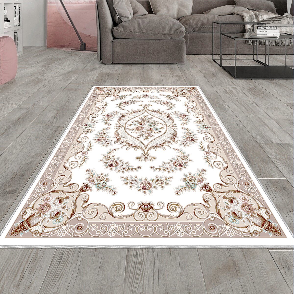 Vizon Desenli Osmanlı Motif Yıkanabilir Kaymaz Taban Leke Tutmaz Modern Salon Halısı ve Yolluk