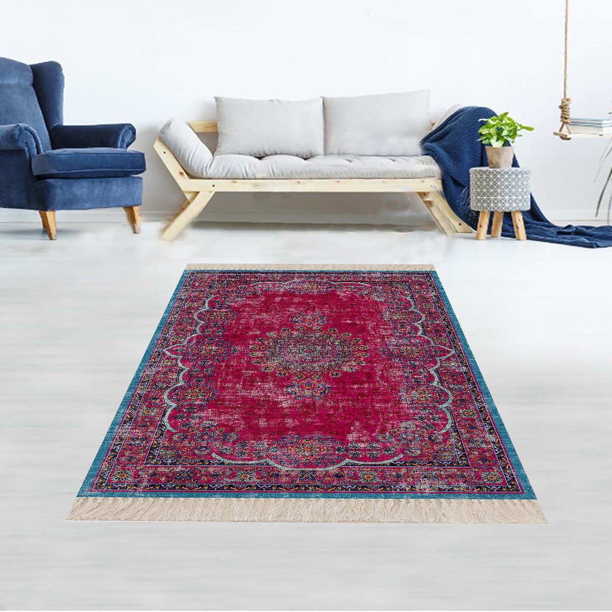 Osmanlı Motif Kilim Desen Dijital Baskı Yıkanabilir Kaymaz Taban Etnik Salon Halı ve Yolluk