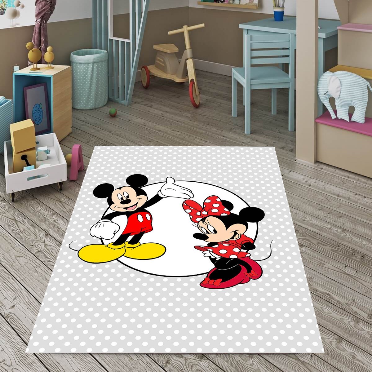 Mickey Minnie Mouse Desenli Dijital Baskı Yıkanabilir Kaymaz Taban Çocuk Odası Halısı