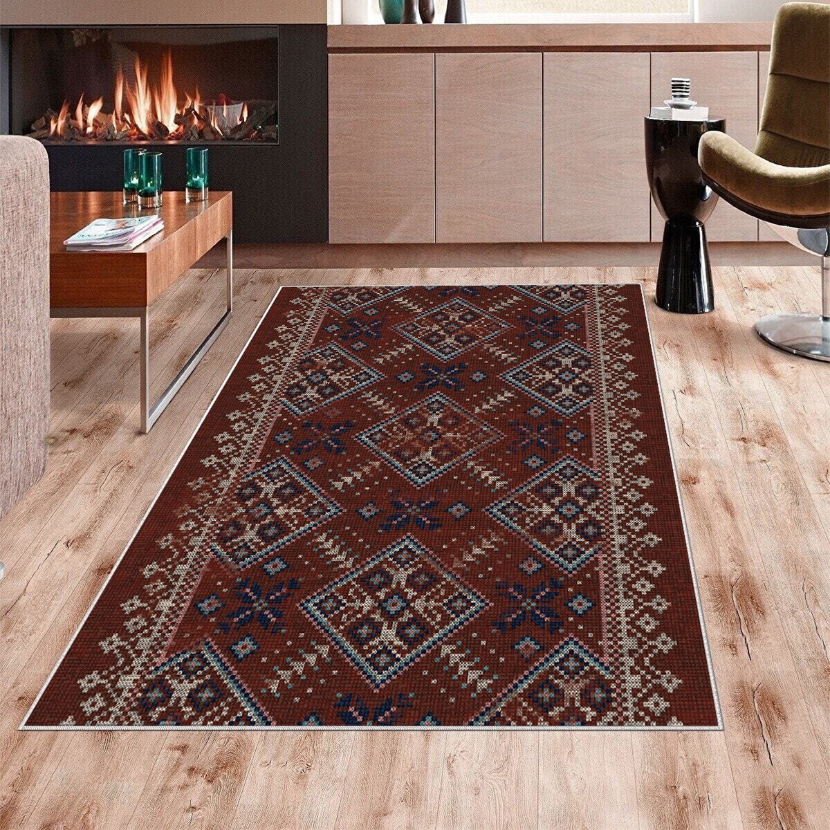 Geometrik Etnik Kilim Desenli Siyah Beyaz Dijital Baskı Yıkanabilir Kaymaz Taban Modern Salon Halısı