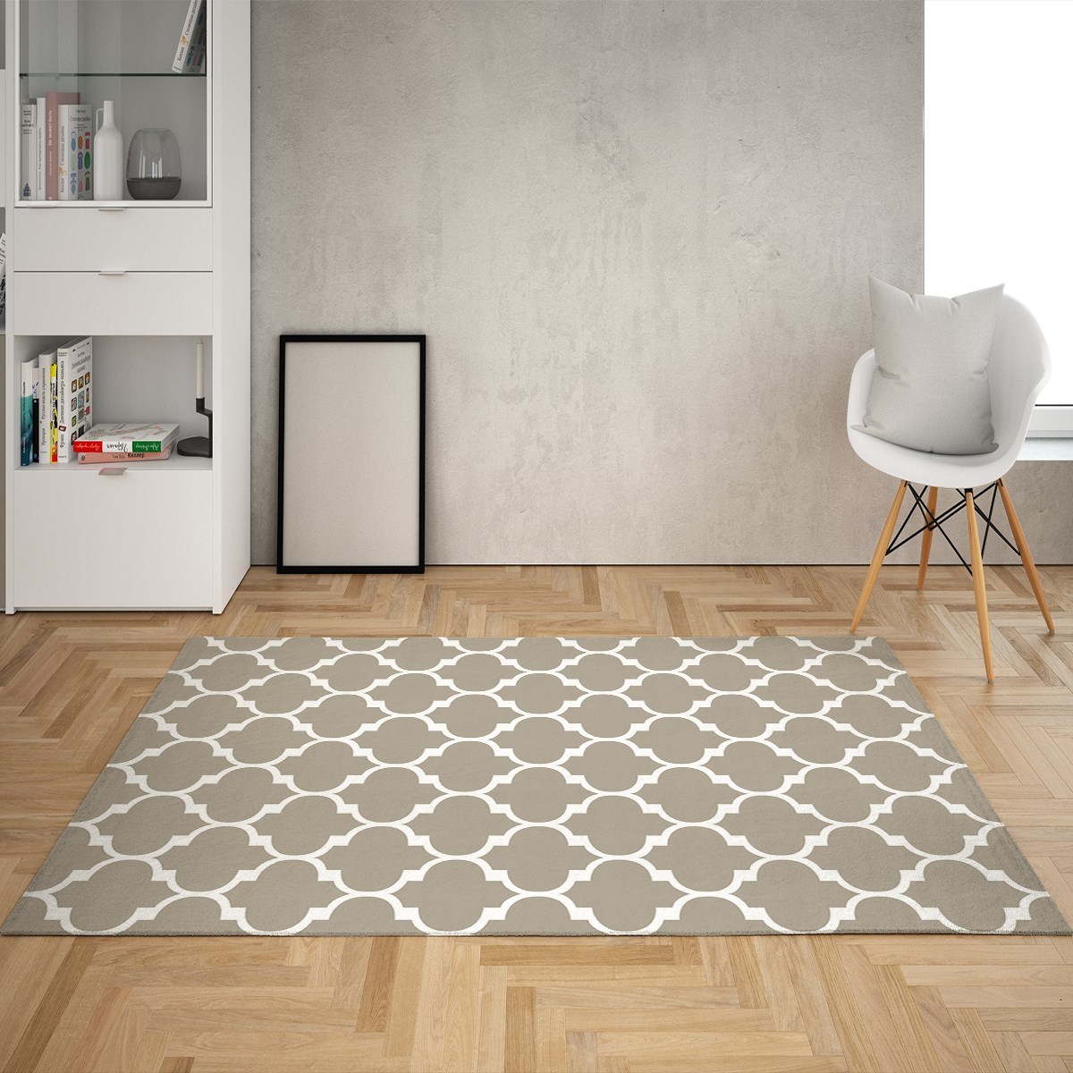 Geometrik Desenli Karo Motif Dijital Baskı Yıkanabilir Kaymaz Taban Modern Salon Halısı (Vizon2)