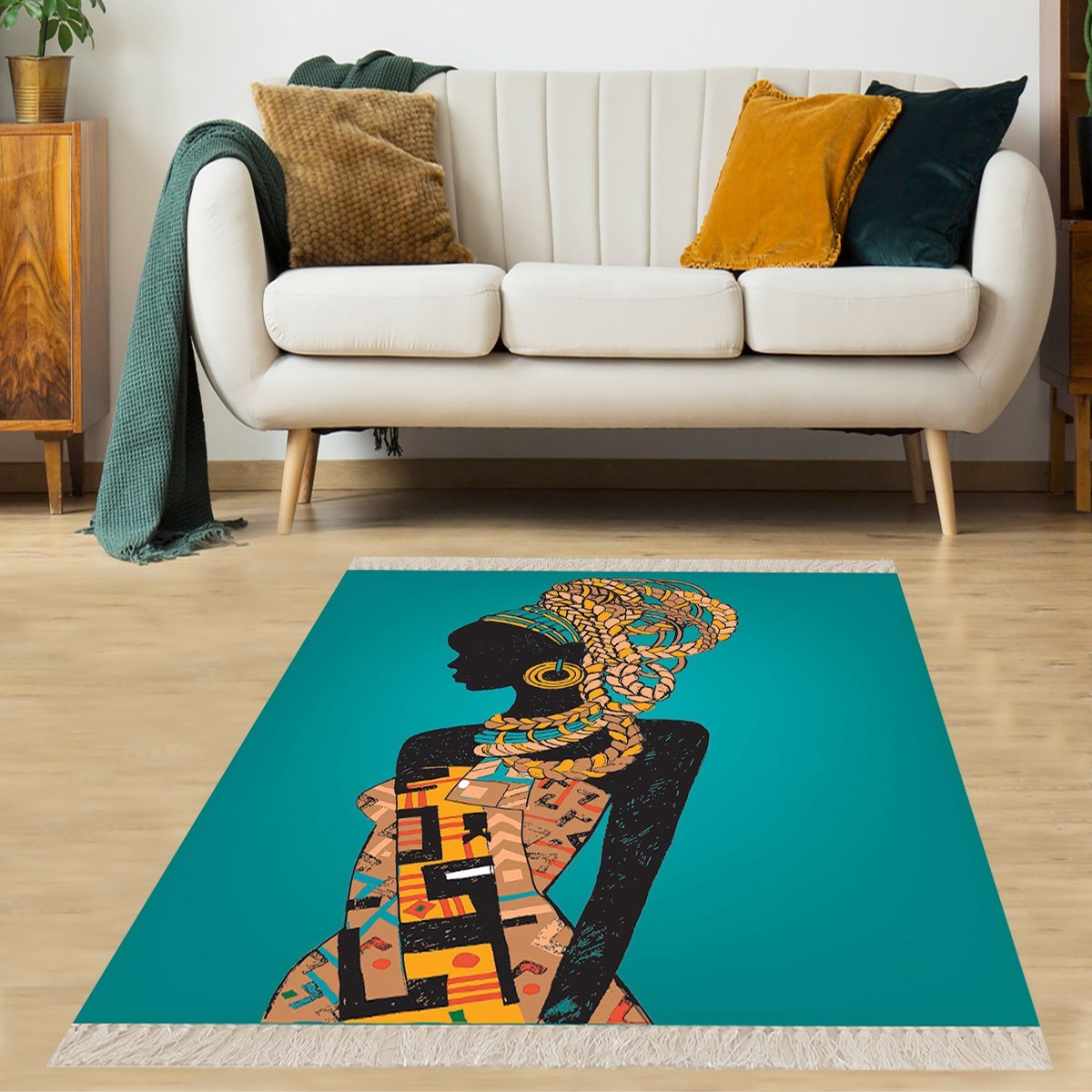 Afrika Desenli Afrikalı Kadın Halı Dijital Baskı Yıkanabilir Modern Salon Halı ve Yolluk