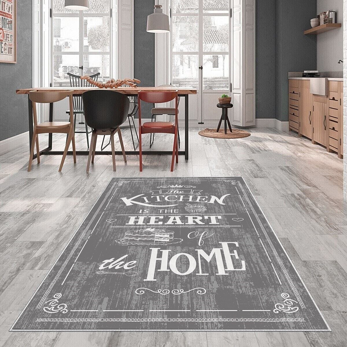 Gri Kitchen Mutfak Yazılı  Yıkanabilir Kaymaz Taban Leke Tutmaz Modern Salon Halısı ve Yolluk