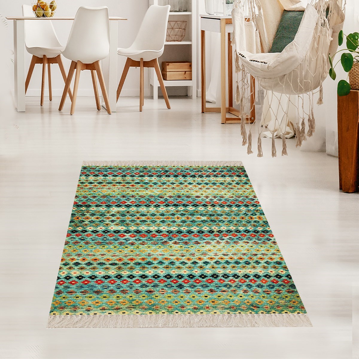 Kilim Desenli Etnik Dijital Baskı Yıkanabilir Kaymaz Taban Eskitme Salon Halı ve Yolluk