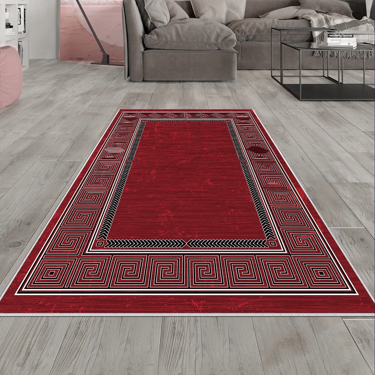 Bordo Geometrik Desen Yıkanabilir Kaymaz Taban Leke Tutmaz Modern Salon Halısı ve Yolluk