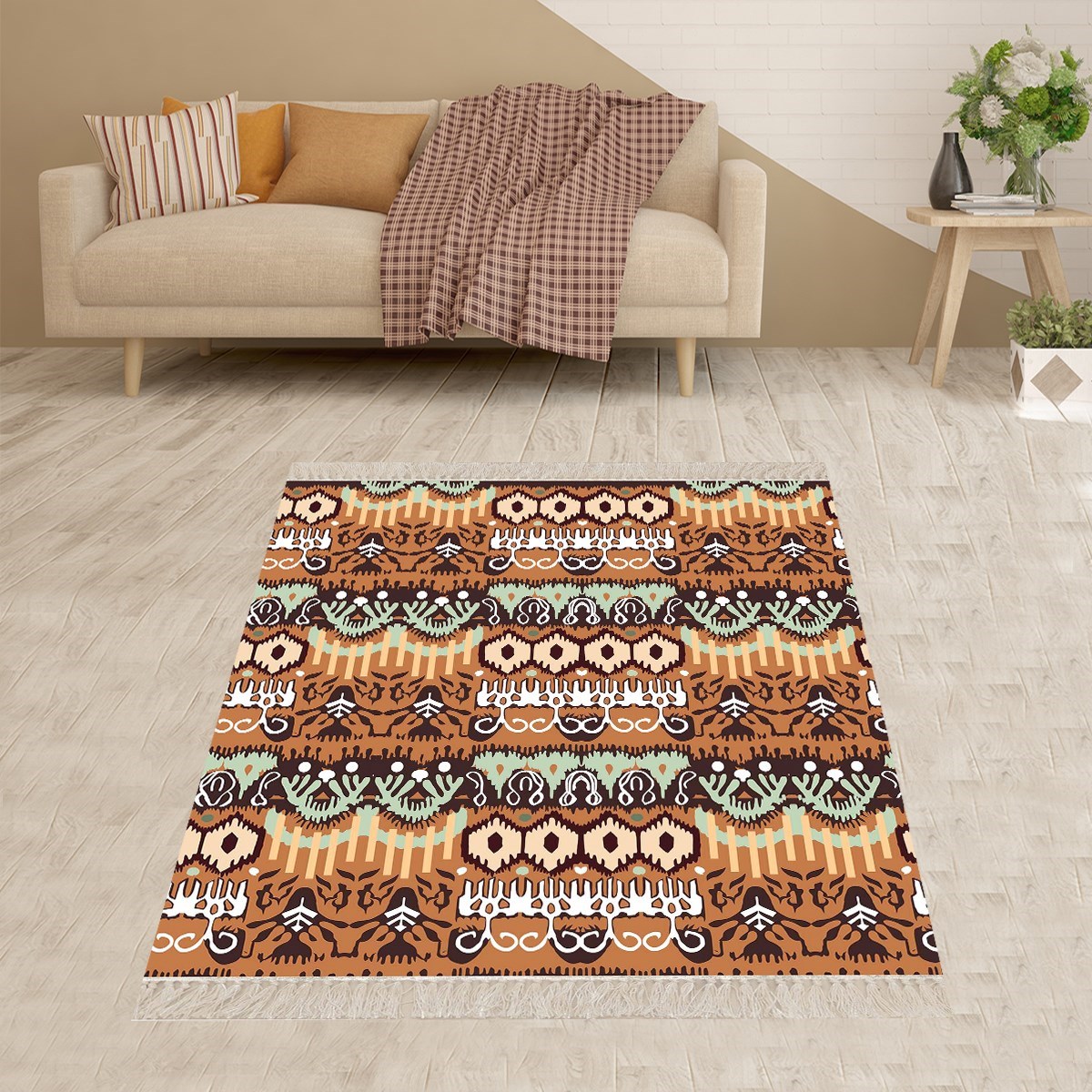 Kilim Desenli Etnik Dijital Baskı Yıkanabilir Kaymaz Taban Modern Salon Halısı ve Yolluk