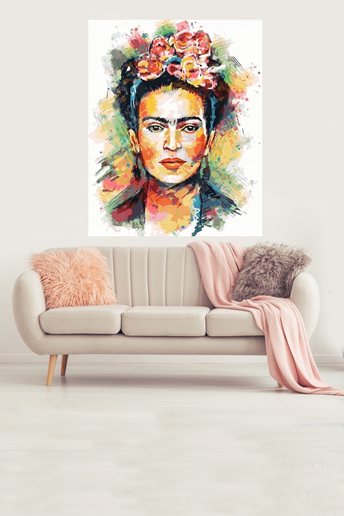 Frida ve Çiçekleri Temalı Leke Tutmaz Kadife Kumaş Duvar Örtüsü Duvar Halısı Tapestry