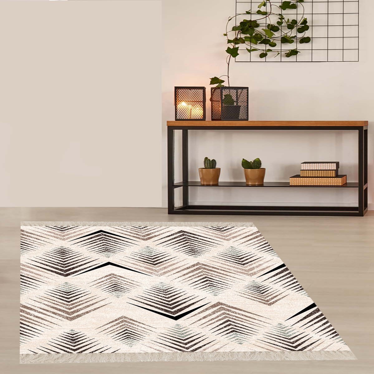 Geometrik Çizgi Desenli Dijital Baskı Yıkanabilir Kaymaz Taban Etnik Kilim Desen Salon Halı 