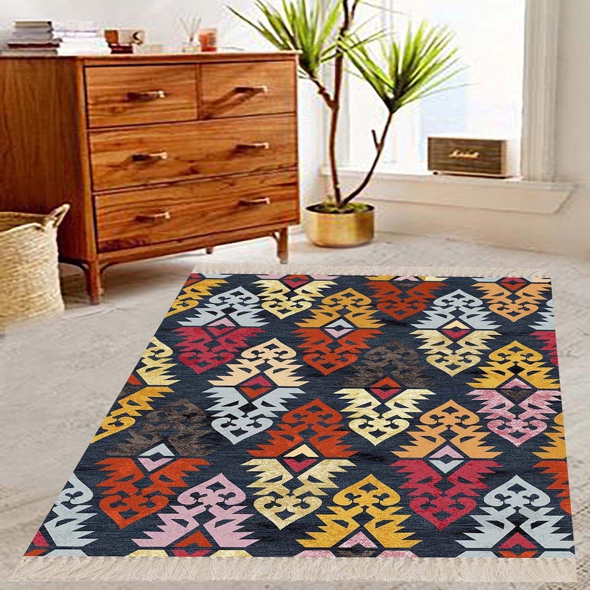 Kilim Desenli Etnik Dijital Baskı Yıkanabilir Modern Salon Halı ve Yolluk