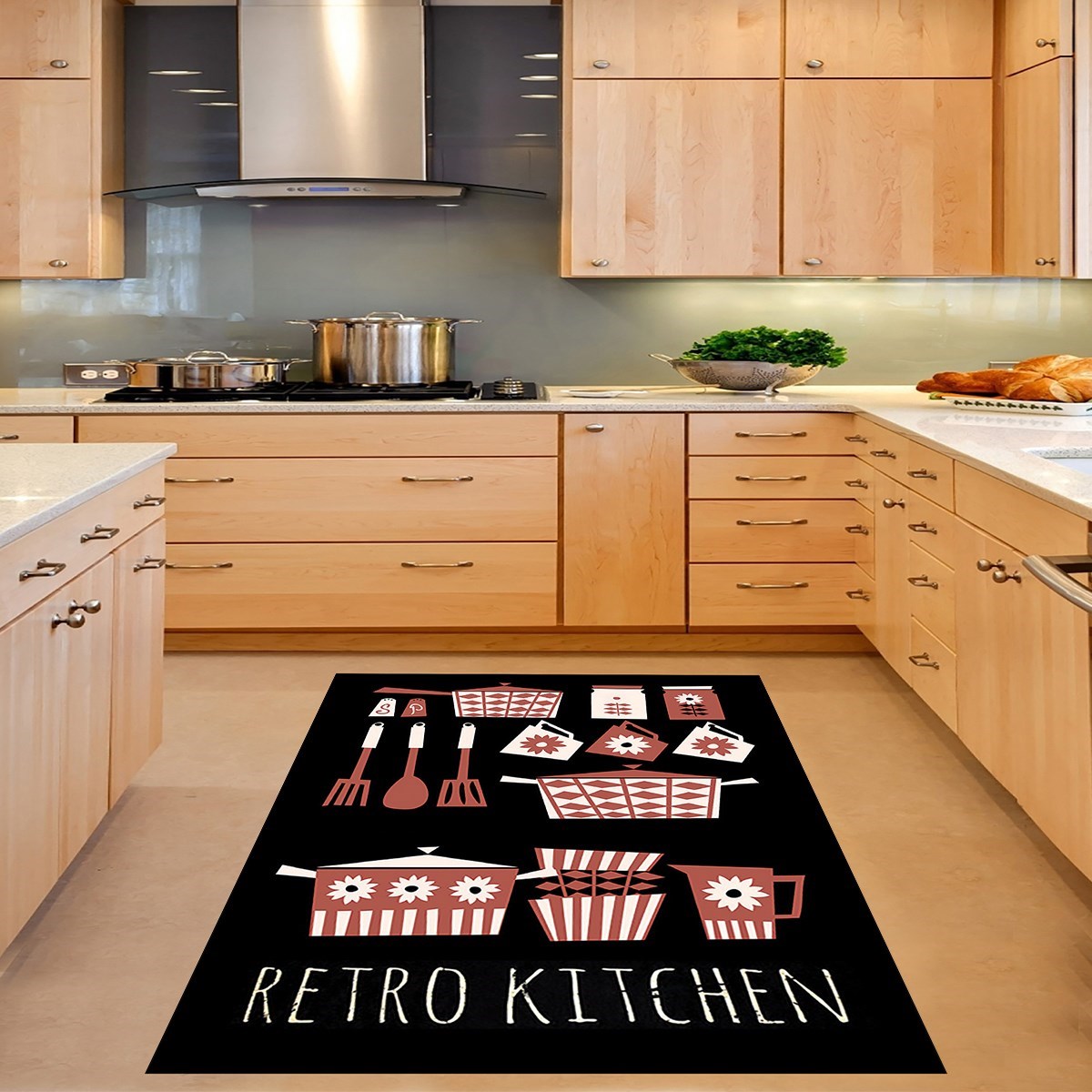 Retro Kitchen Desenli Dijital Baskı Yıkanabilir Kaymaz Taban Leke Tutmaz Mutfak Halısı ve Yolluk