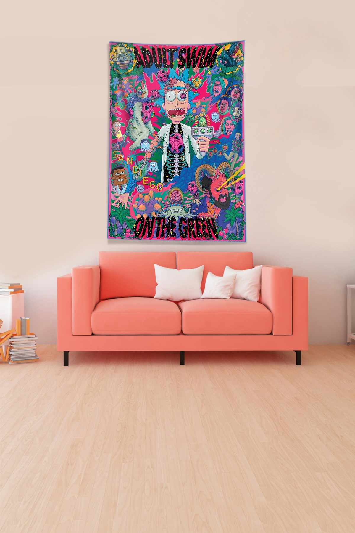 Multirenk Rick and Morty Leke Tutmaz Kadife Kumaş Duvar Örtüsü Duvar Halısı Tapestry