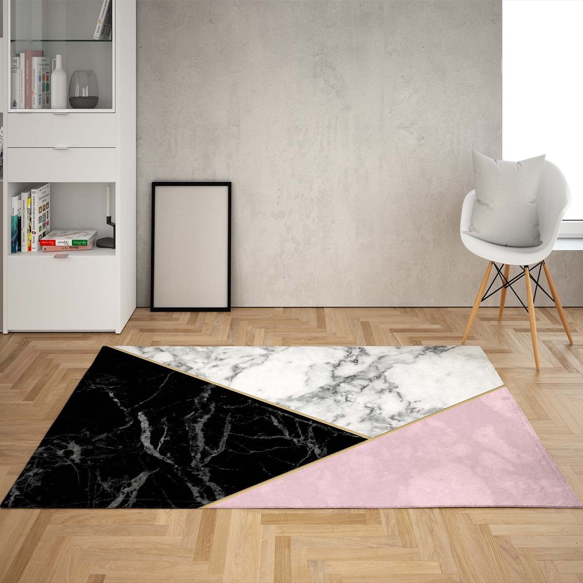 Geometrik Parça Desenli Dijital Baskı Yıkanabilir Kaymaz Taban Modern Salon Halısı Ve Yolluk(Pembe)