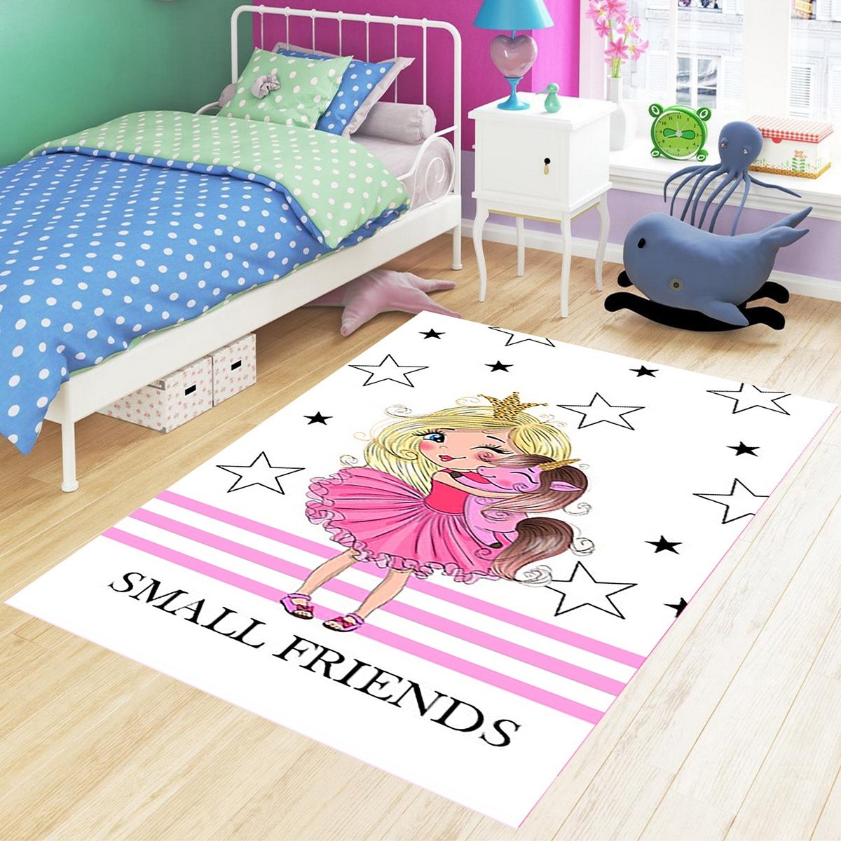 Small Friends Prenses Unicorn Desenli Dijital Baskılı Kaymaz Yıkanabilir Kız Çocuk Odası Halısı