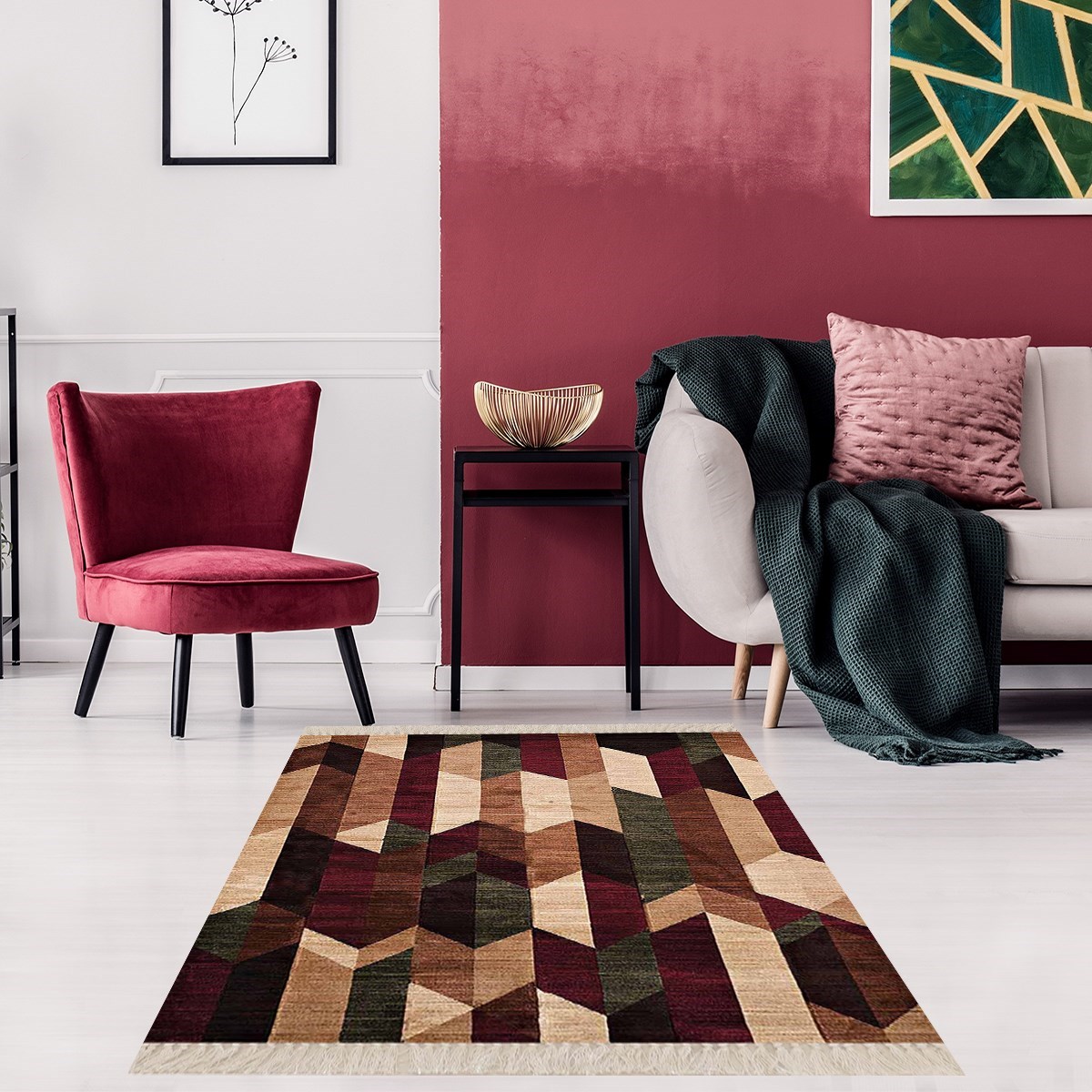 Geometrik Desenli Renk Bloklu Dijital Baskı Yıkanabilir Kaymaz Taban Kilim Model Salon Halısı