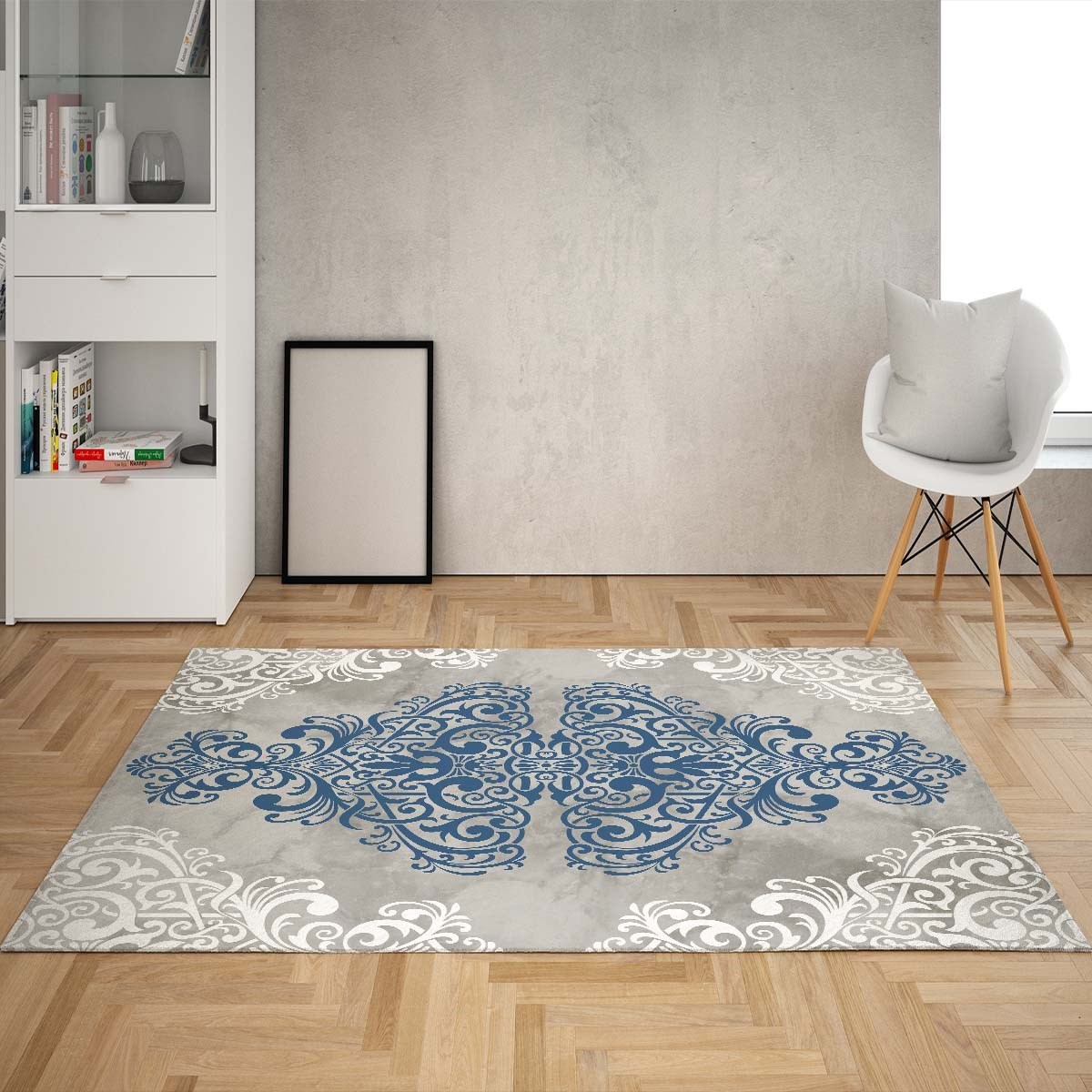 Varak Desenli Osmanlı Motif Dijital Baskı Yıkanabilir Kaymaz Taban Kilim Model Salon Halısı (Mavi)