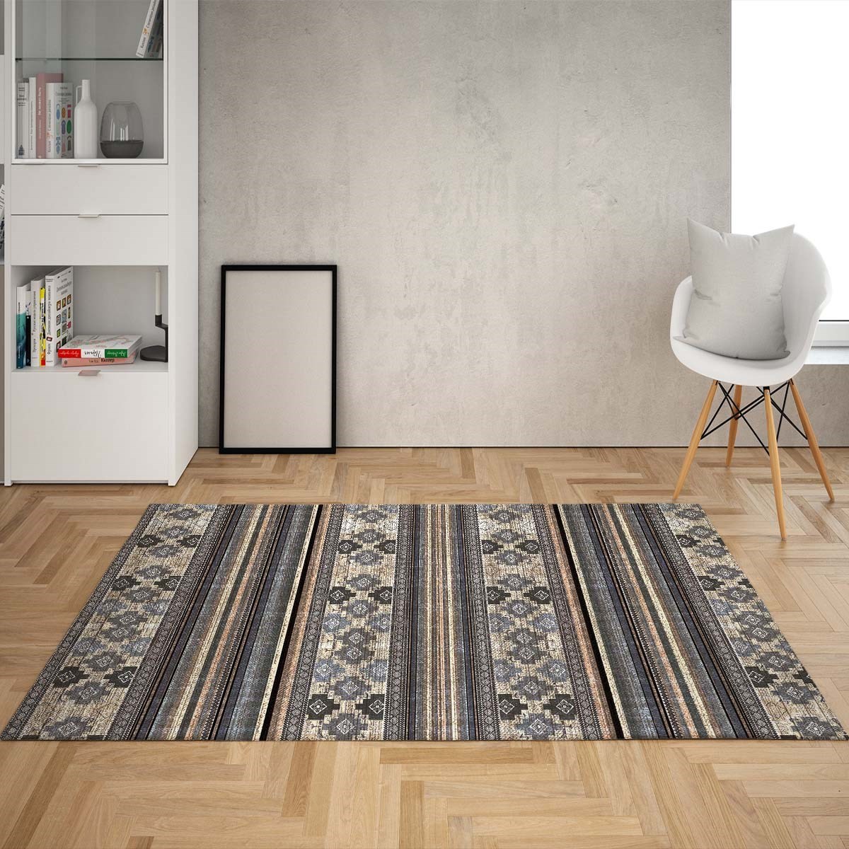 Geometrik Desenli Dijital Baskı Yıkanabilir Kaymaz Taban Etnik Kilim Desen Salon Halısı ve Yolluk