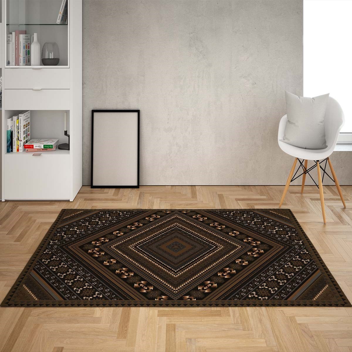 Kilim Desenli Etnik Dijital Baskı Yıkanabilir Kaymaz Taban Modern Salon Halı ve Yolluk (Koyu)