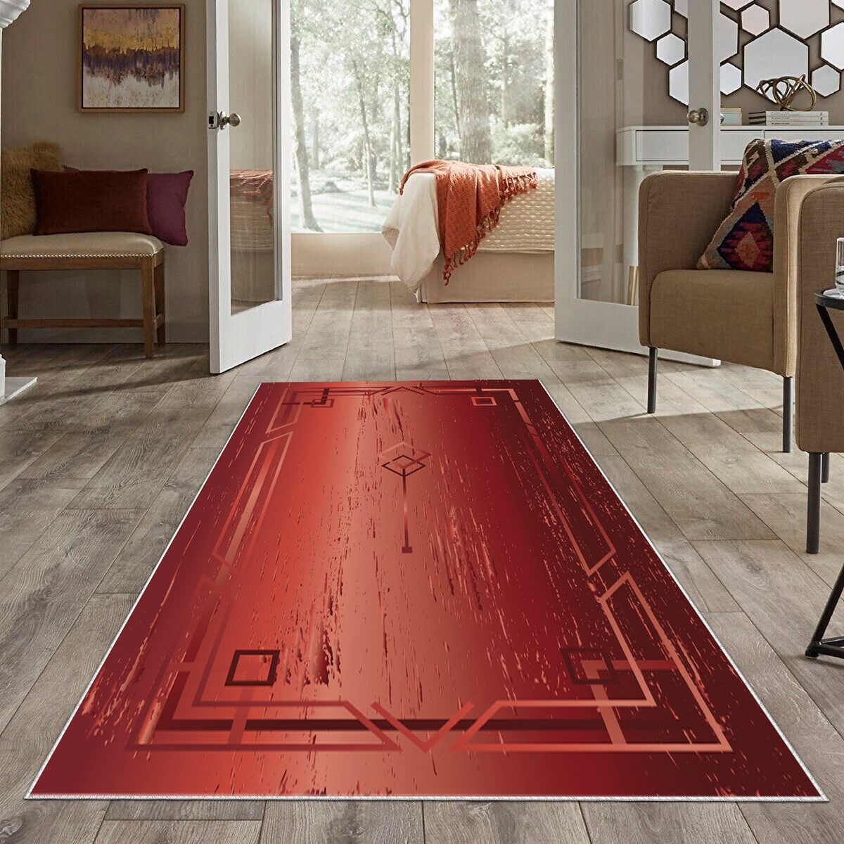 Bordo Geometrik Desen Yıkanabilir Kaymaz Taban Leke Tutmaz Modern Salon Halısı ve Yolluk