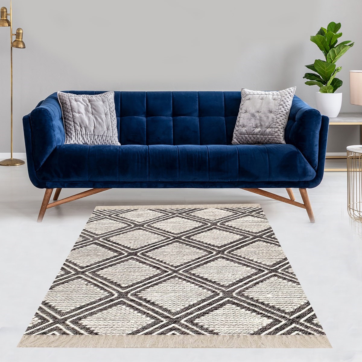 Geometrik Karo Desenli Dijital Baskı Yıkanabilir Kaymaz Taban Etnik Kilim Desen Salon Halı 