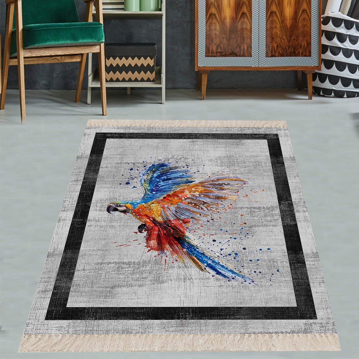 Papağan Kuş Hayvan Desenli Dijital Baskı Yıkanabilir Kaymaz Taban Modern Salon Halısı Yolluk