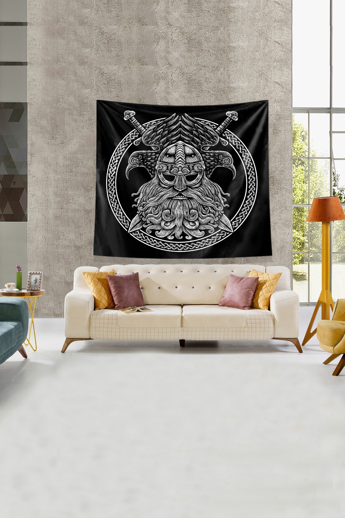 Siyah Viking Tanrısı Leke Tutmaz Kadife Kumaş Duvar Örtüsü Duvar Halısı Tapestry