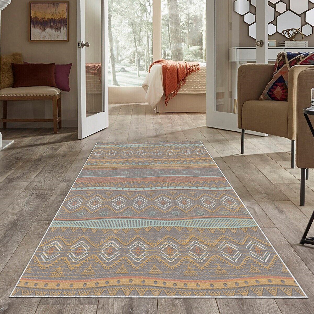 Çok Renkli Etnik Kilim Desen Yıkanabilir Kaymaz Taban Leke Tutmaz Modern Salon Halısı ve Yolluk