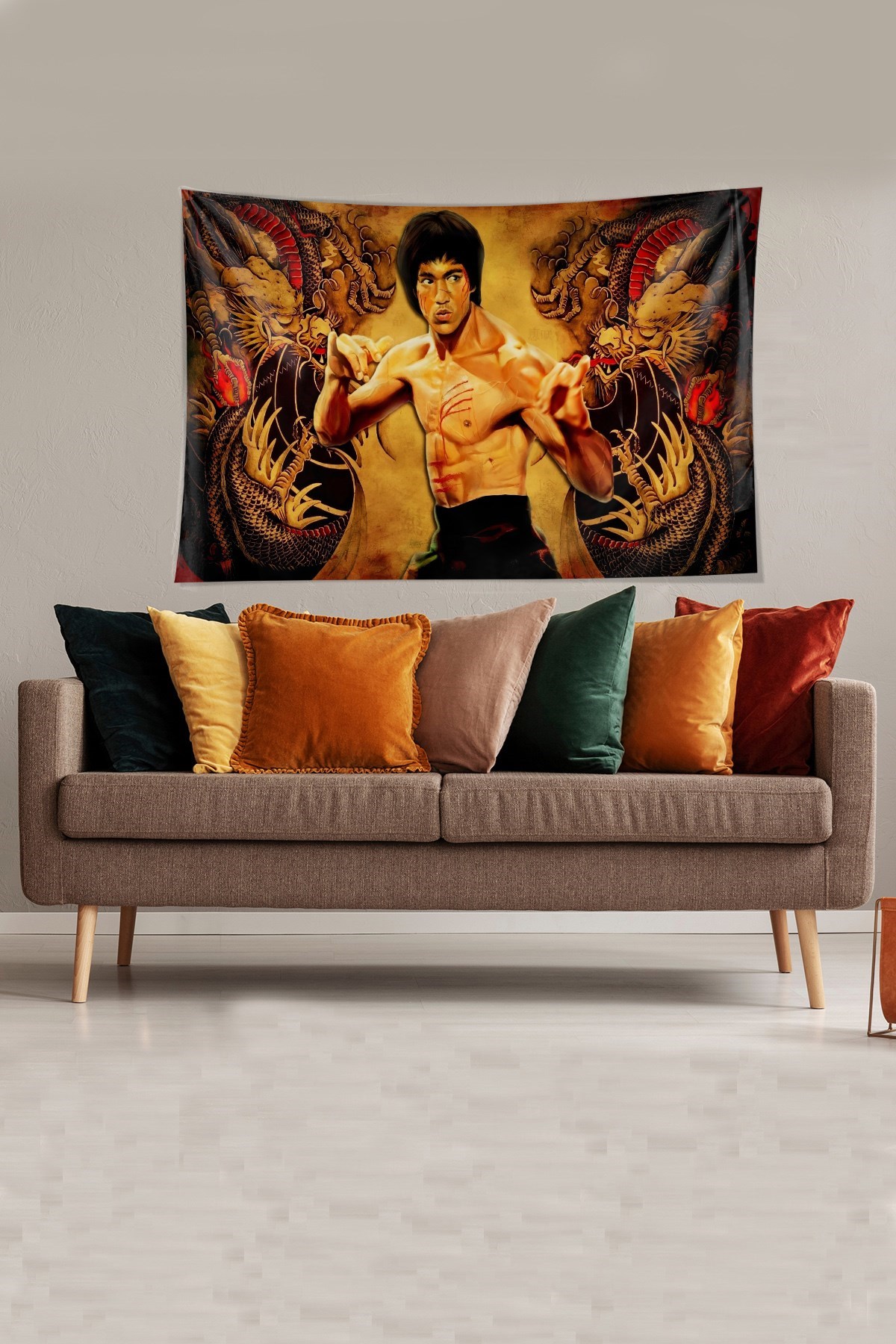 Çok Renkli  Bruce Lee Desenli Leke Tutmaz Kadife Kumaş Duvar Örtüsü Duvar Halısı Tapestry