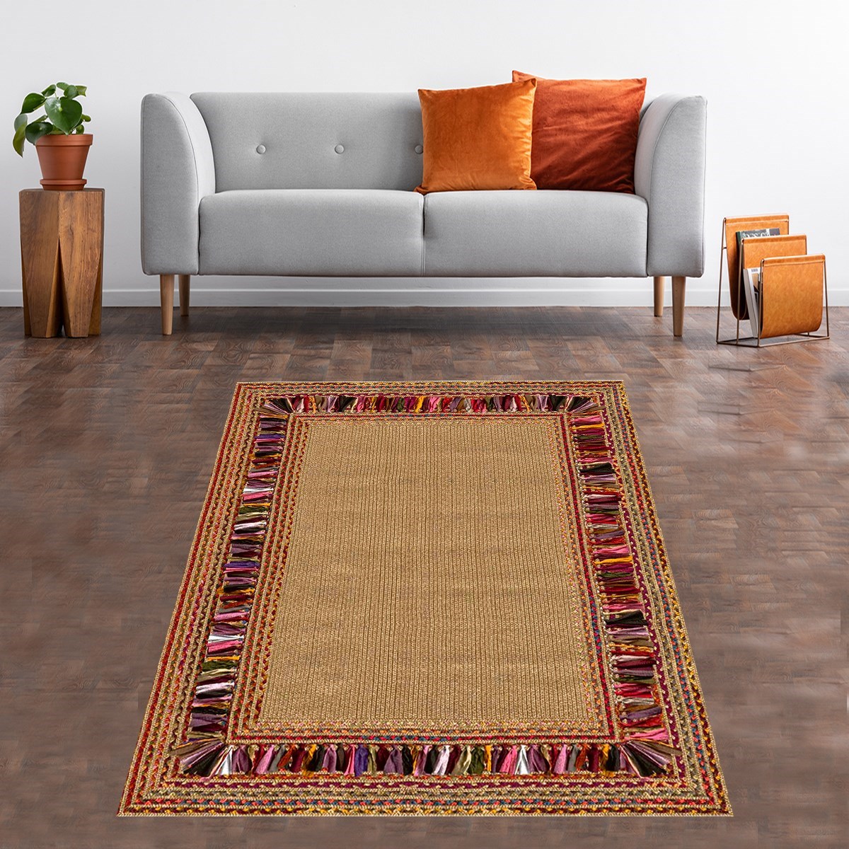 Jüt Hasır Kilim Görünümlü Dijital Baskılı Kaymaz Taban Yıkanabilir Modern Salon Halısı ve Yolluk