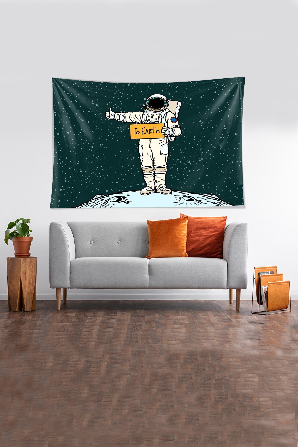 Yeşil Astronot Desenli Leke Tutmaz Kadife Kumaş Duvar Örtüsü Duvar Halısı Tapestry