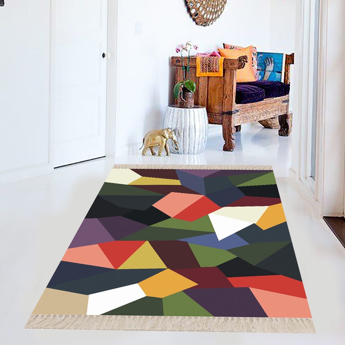 Geometrik Şekiller Desenli Renkli Dijital Baskı Yıkanabilir Kaymaz Taban Kilim Model Salon Halısı