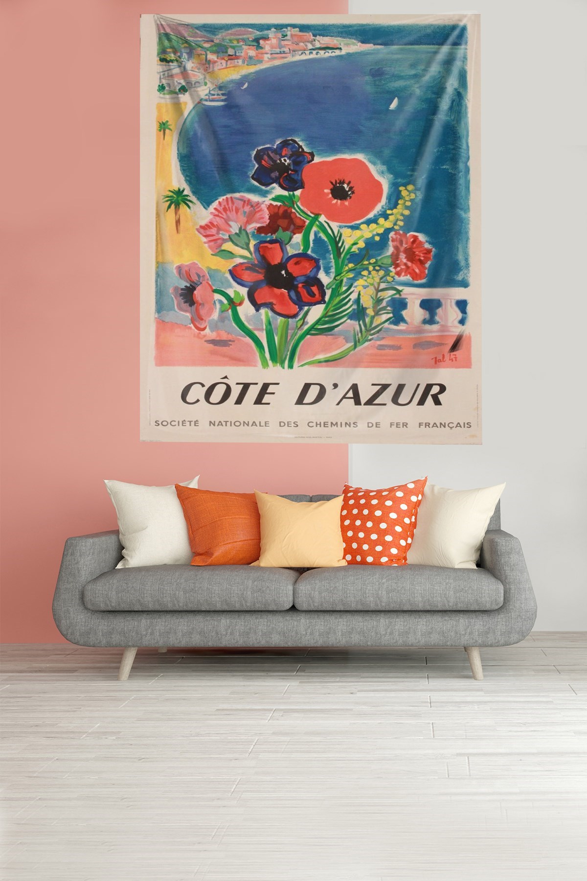 Cote D'azur Manzaralı Leke Tutmaz Kadife Kumaş Duvar Örtüsü Duvar Halısı Tapestry