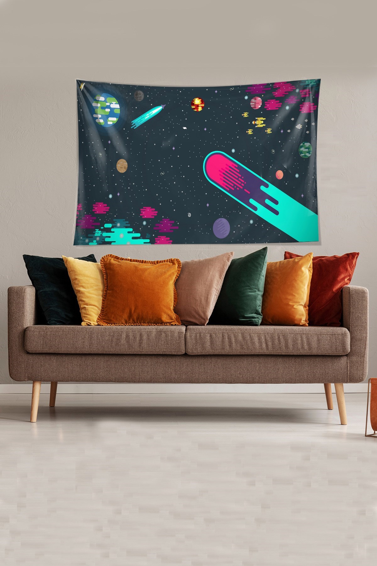 Space Uzay Boşluğu Temalı Leke Tutmaz Kadife Dokulu Kumaş Duvar Örtüsü Duvar Halısı Tapestry