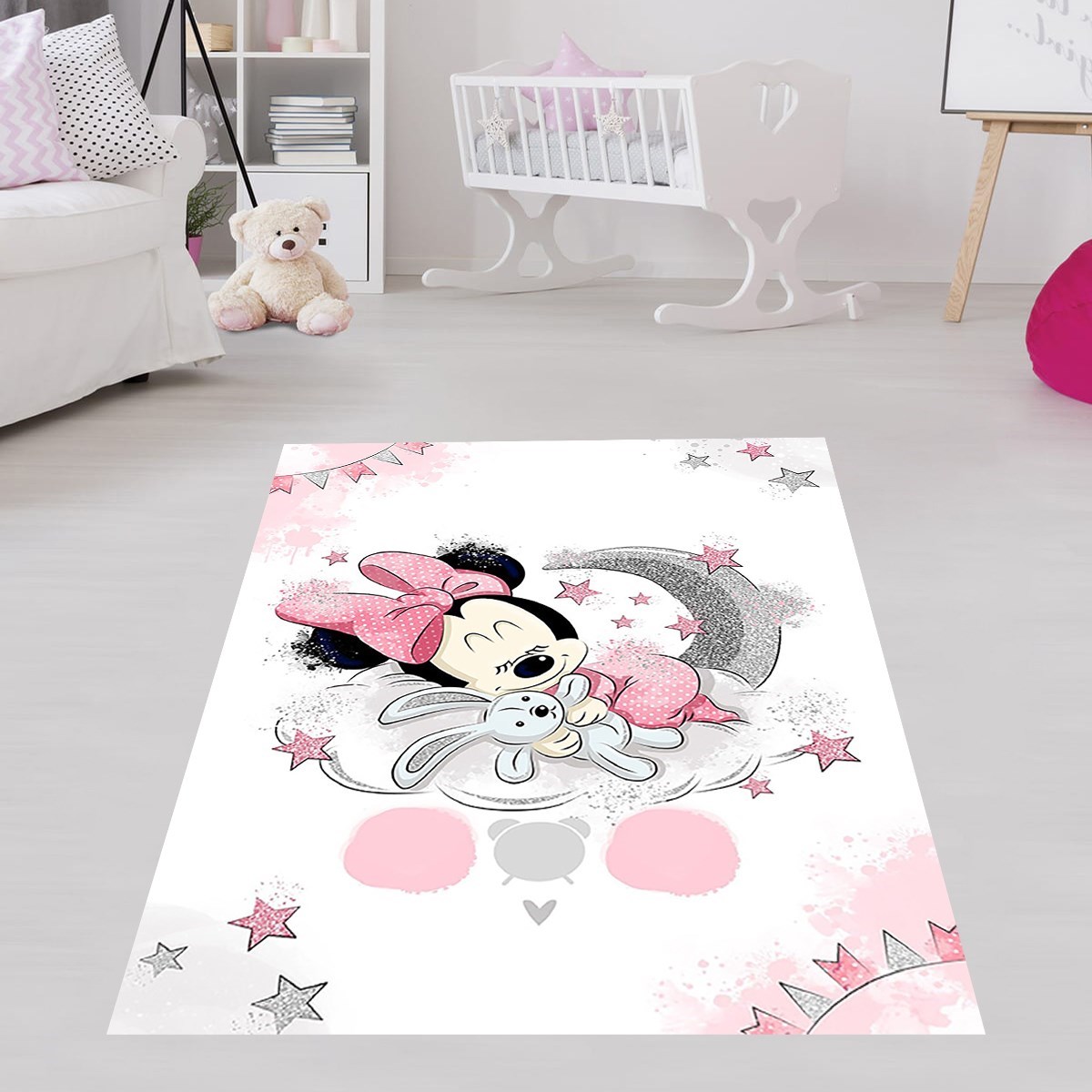 Minnie Mouse Bulut Tavşan Halı Dijital Baskı Yıkanabilir Kaymaz Taban Çocuk Odası Halısı