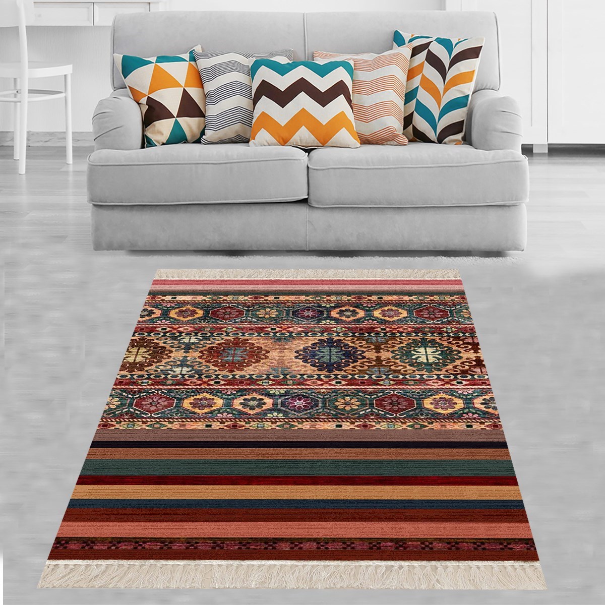 Kilim Desenli Etnik Dijital Baskı Yıkanabilir Kaymaz Taban Modern Salon Halısı ve Yolluk